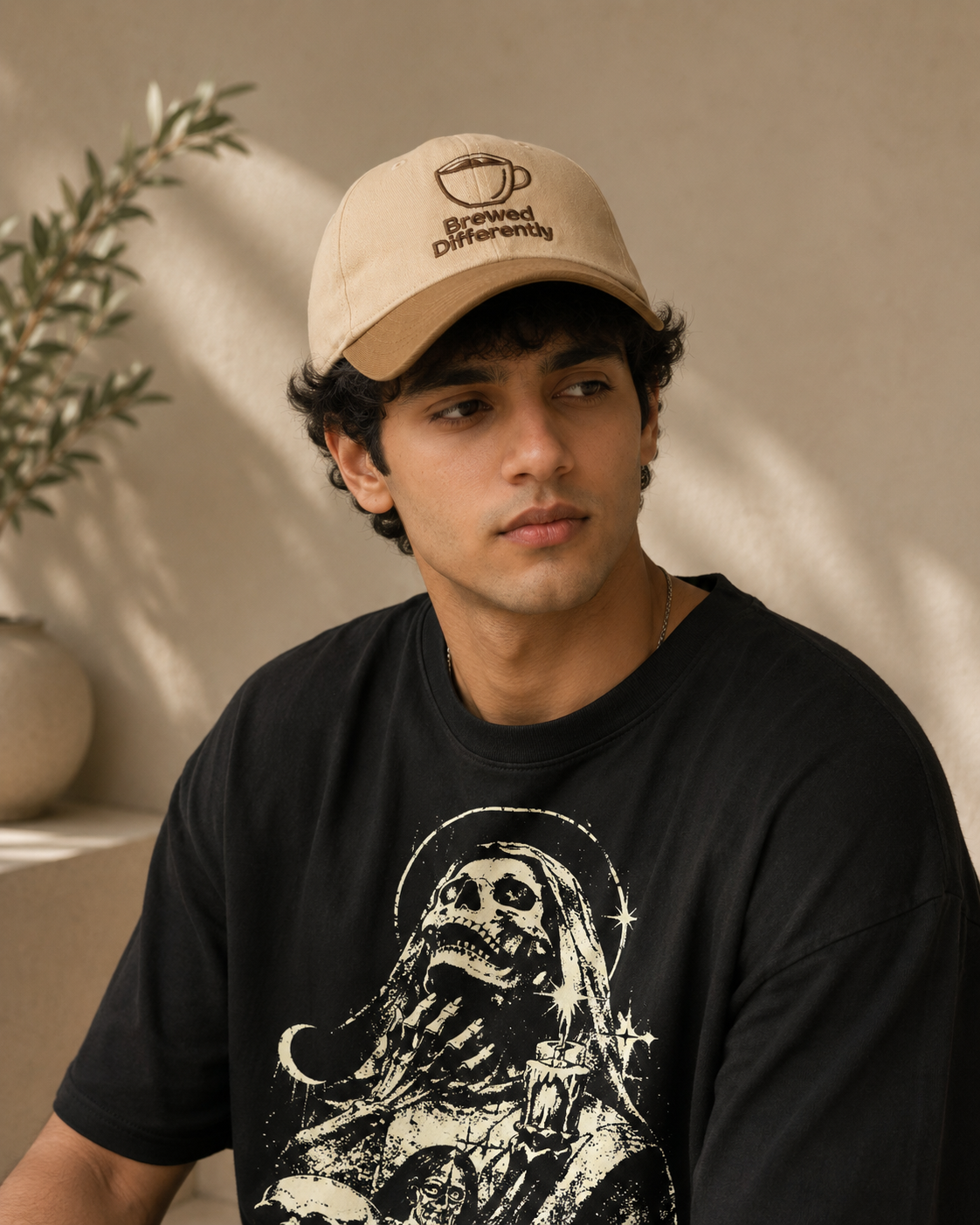 Beige embroidered coffee cap for coffee lovers with Brewed Differently design