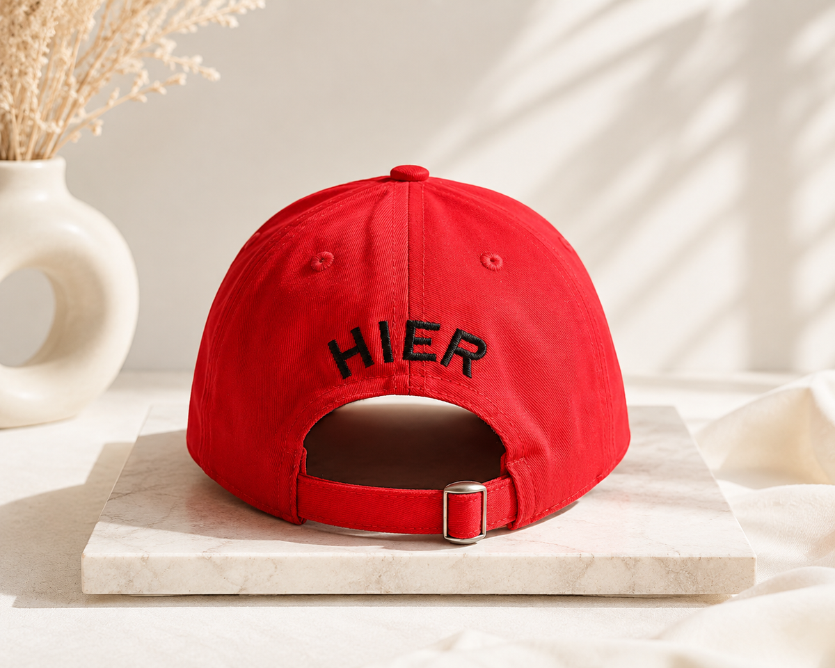 Red embroidered baseball cap with HIER logo, back view