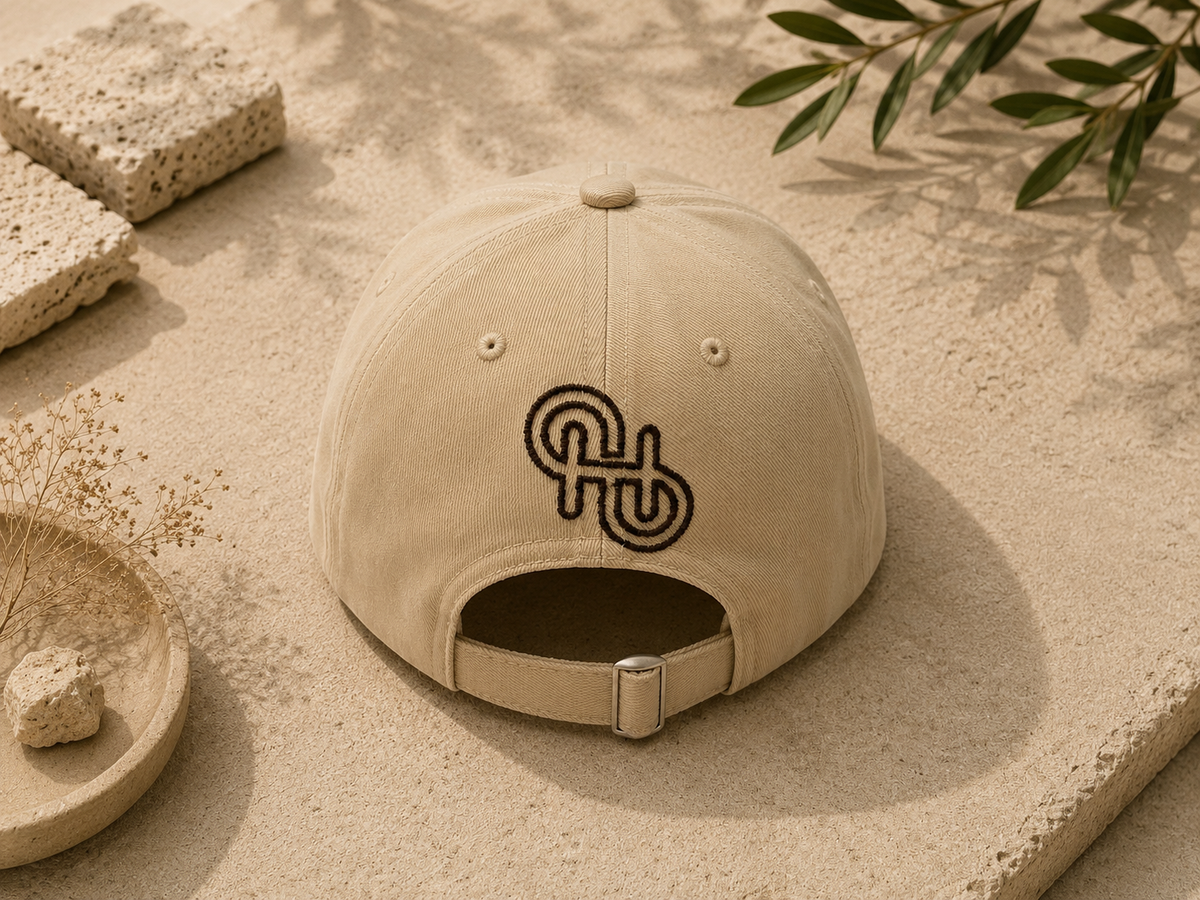 Beige embroidered unisex baseball cap with minimalist monogram logo