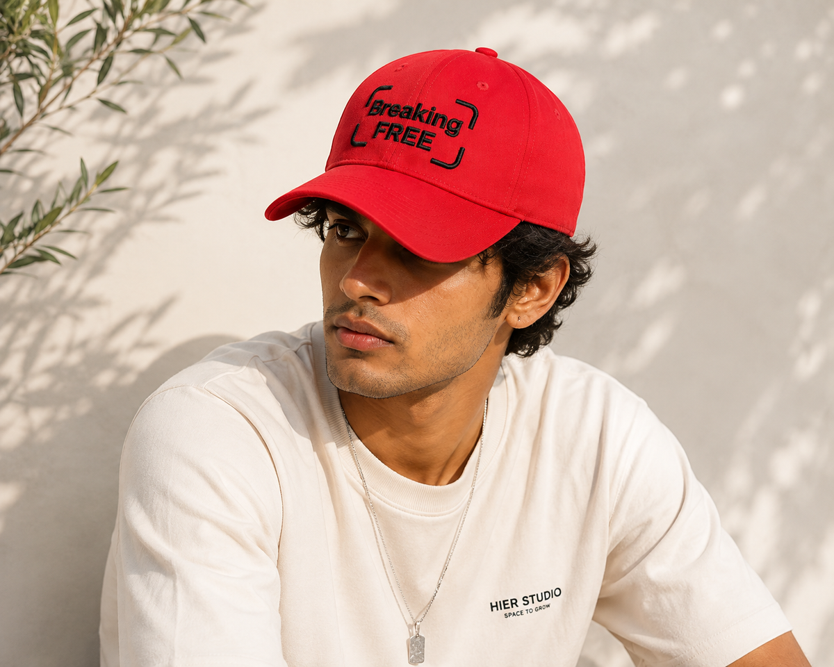 Red embroidered baseball cap with Breaking Free slogan worn by a model