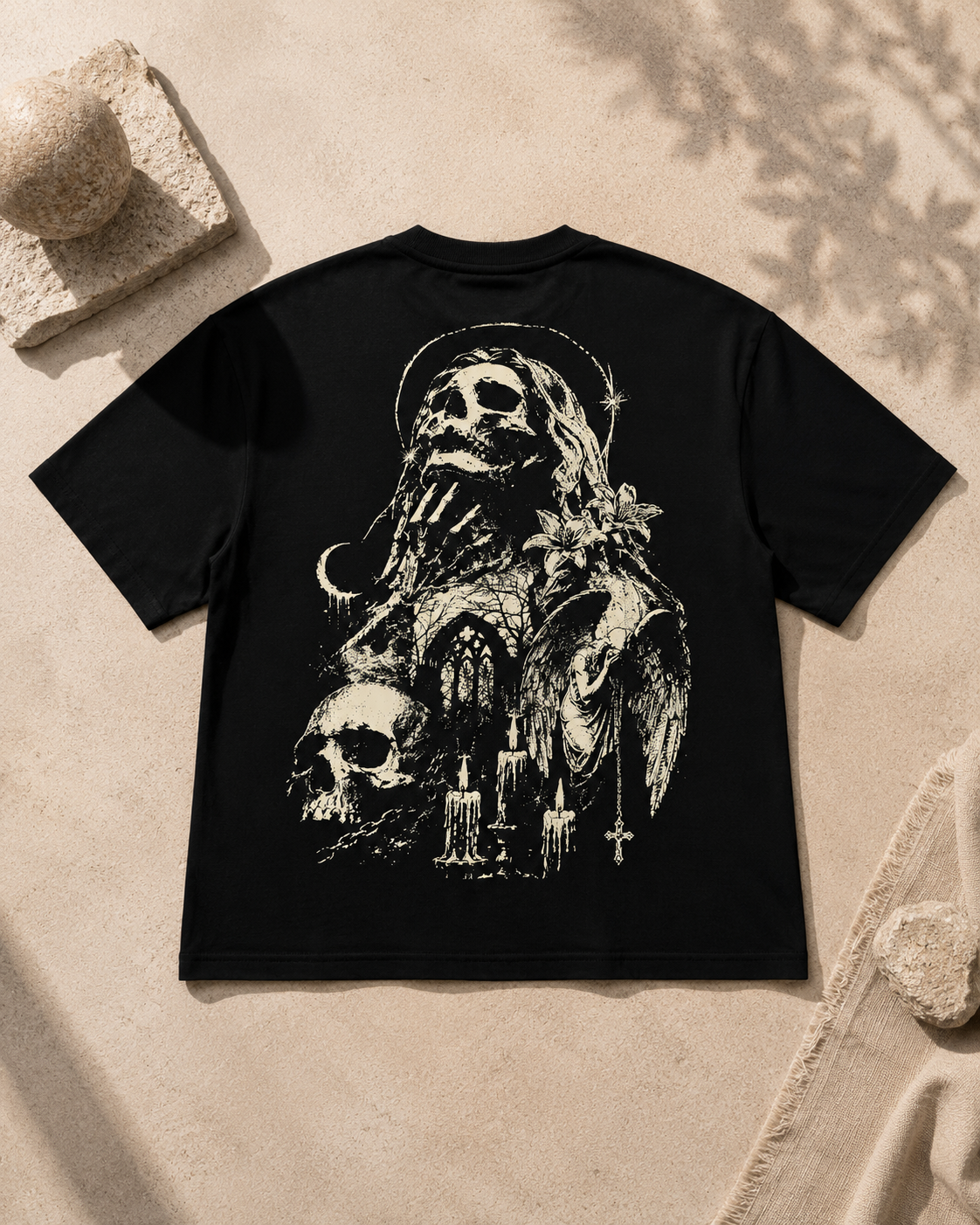 Black oversized graphic T-shirt with gothic skull, flowers and candles back print
