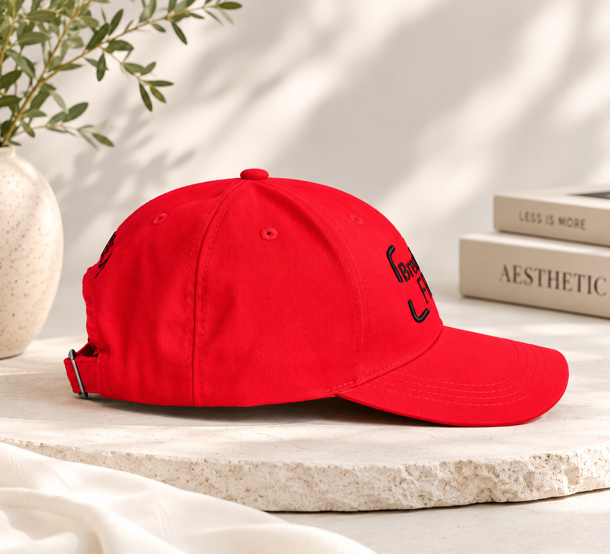 Red embroidered baseball cap with Breaking Free slogan, side view