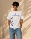 White oversized graphic T-shirt with blue Voidwalker space and tentacle artwork